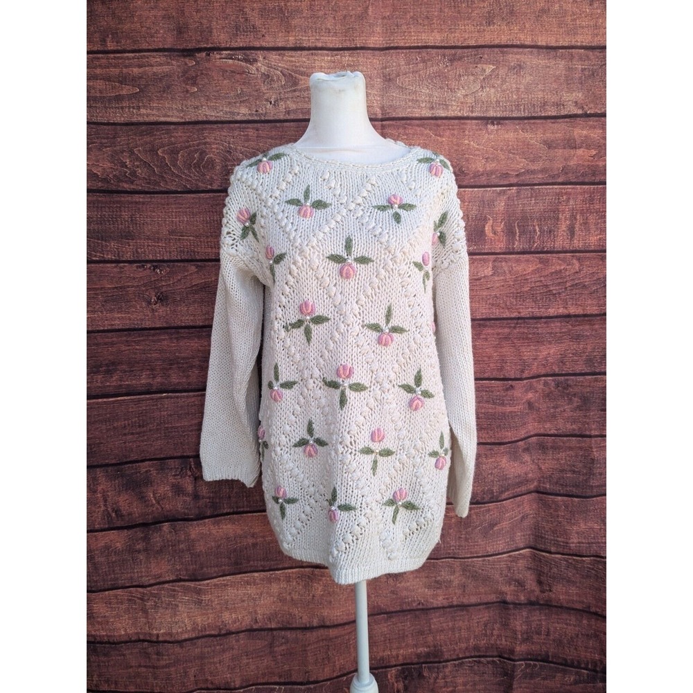 Vintage Pearl Bobble Knit Granny sweater rose bud lady slipper‎ sz L 80s